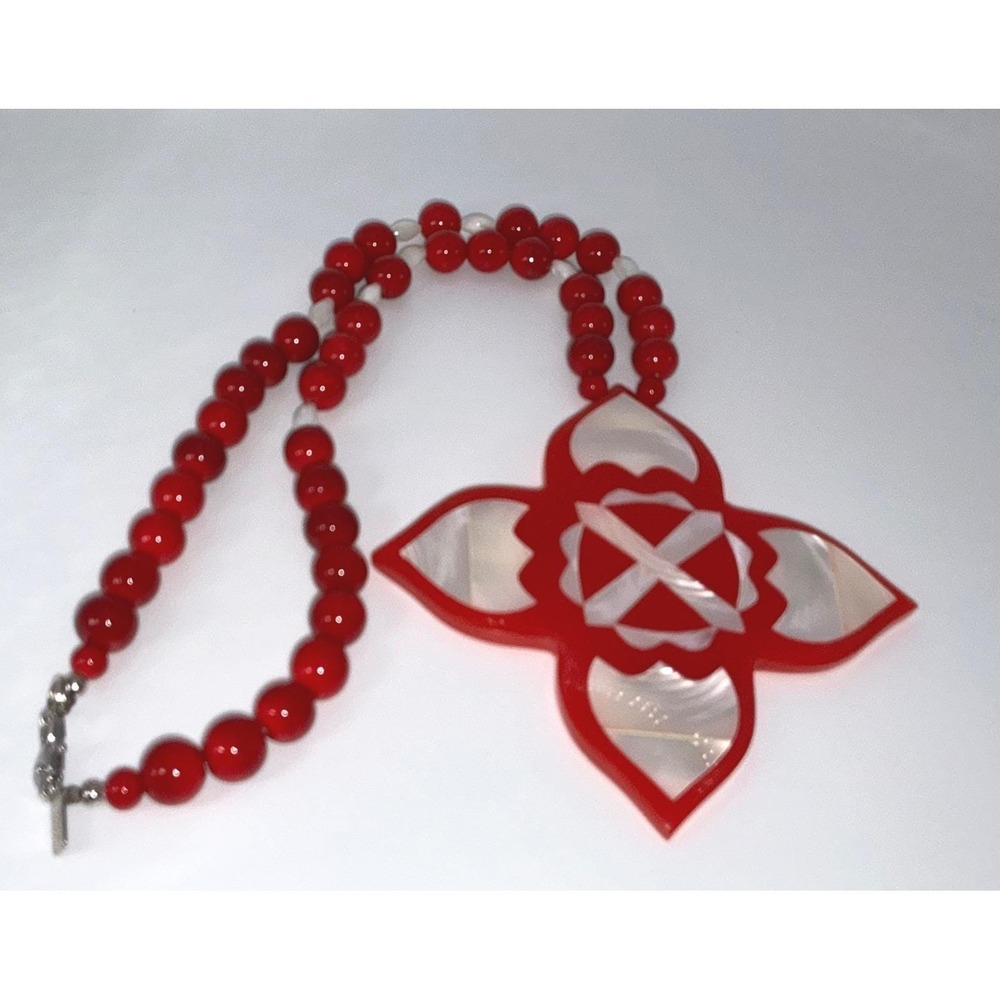 Karla Jordan Red Beaded Necklace 18 Inch 3.5 Inch Flower‎ Pendant Valentine Gift